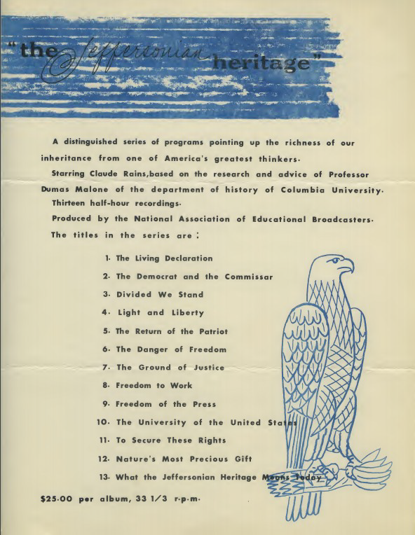 1. The Living Declaration; 2. The Democrat and the Commissar; 3. Divided We Stand; 4. Light and Liberty; 5. The Return of the Patriot; 6. The Danger of Freedom; 7. The Ground of Justice; 8. Freedom to Work; 9. Freedom of the Press; 10. The University of the United States; 11. To Secure These Rights; 12. Nature’s Most Precious Gift; 13. What the Jeffersonian Heritage Means Today